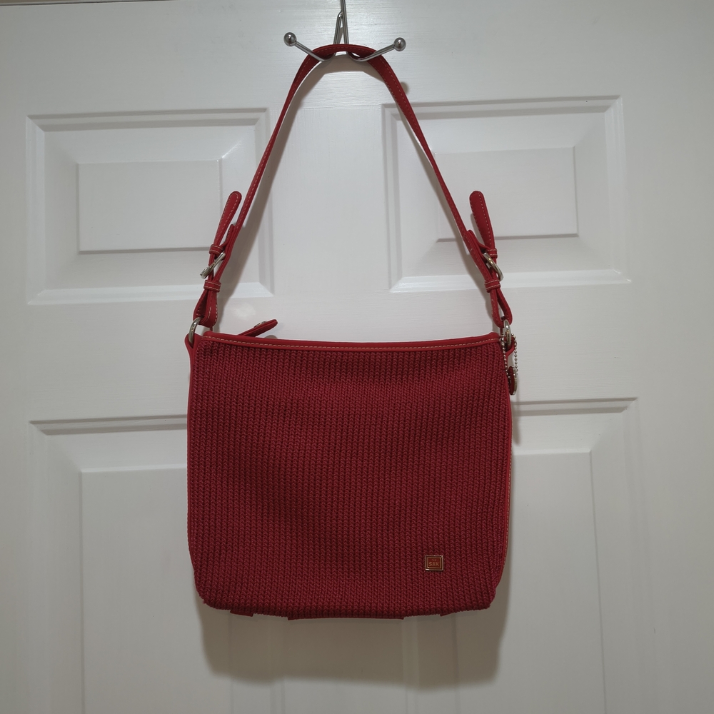 The Sak Handbag Crochet Cherry Red Double Strap Small Tote Shoulder Bag